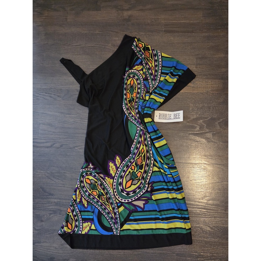 Vintage Robbie Bee Black Green Floral Stretch Boxy Off Shoulder Tunic Dress Larg